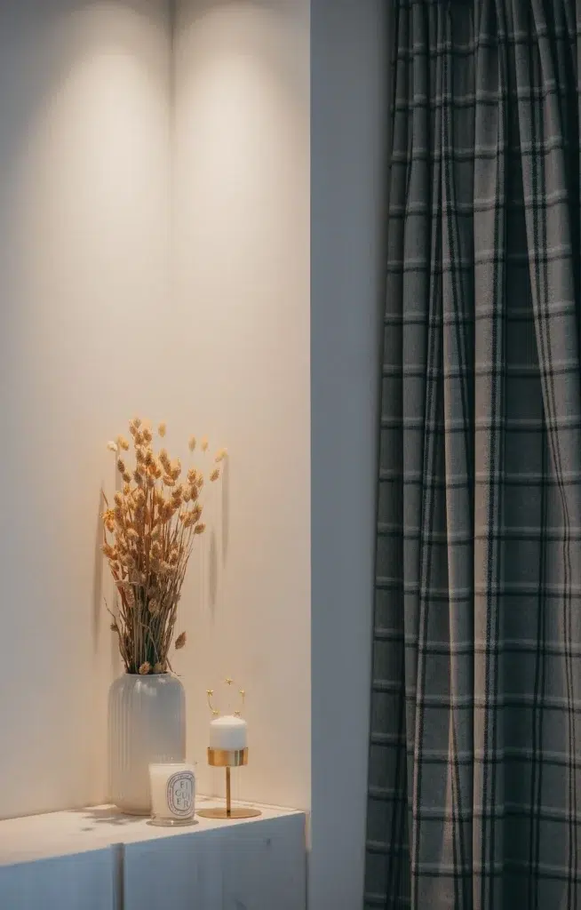 Un vase avec des plantes séchées est posé dans une niche, on voit à sa droite un rideau épais à carreaux ce qui constraste fortement.