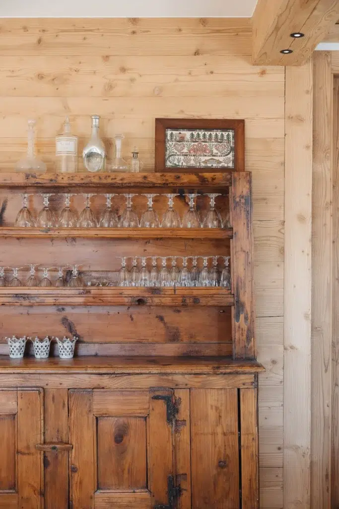 Meuble et vaisselle d’époque réutilisé dans la décoration suite à la rénovation complète de l’appartement à Megève.