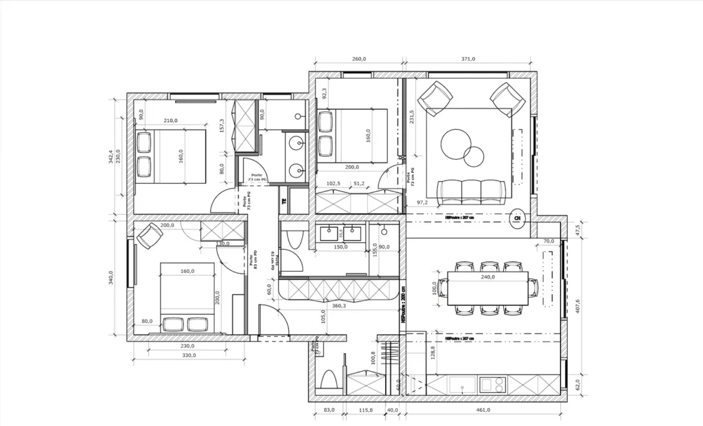 Plans après aménagement et validation par la cliente, les espaces sont disposés différemment pour créer une cuisine dans le salon.