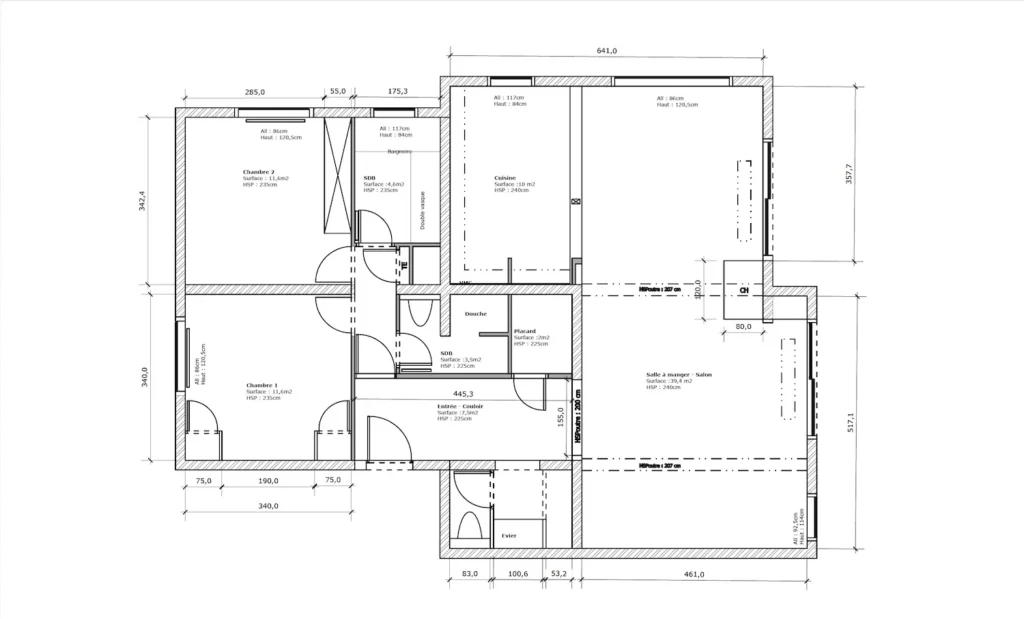 Plans de l’existant avant rénovation totale de cet appartement de ski de Megève