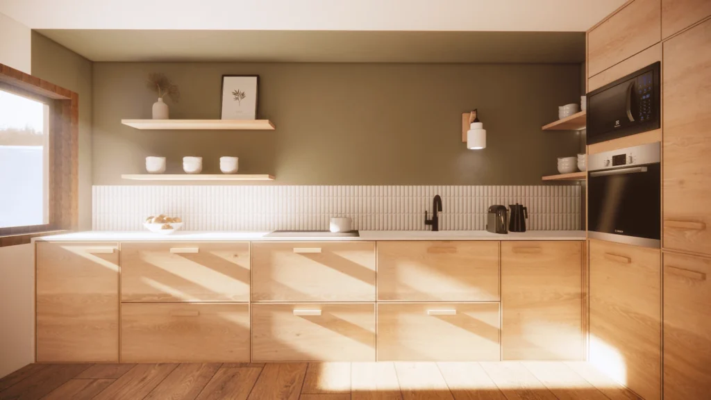 Rendus 3D de la cuisine après rénovation de cet appartement de ski de Mègeve. Les rendus 3D sont très réalistes pour réussir à se projeter.