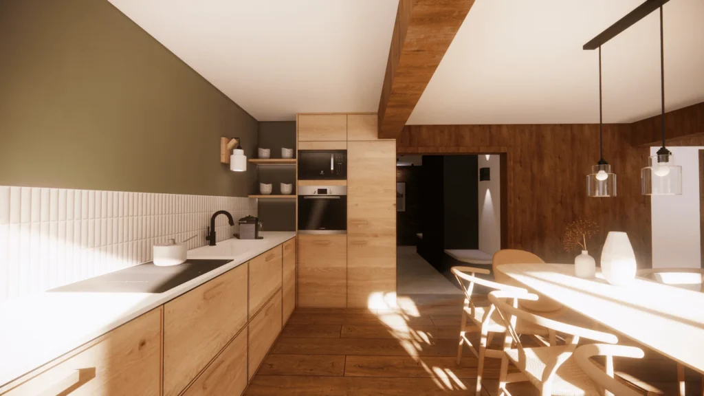 Rendu 3D de la future cuisine après aménagement dans un style montagne chic avec une prédominance de matières naturelles.